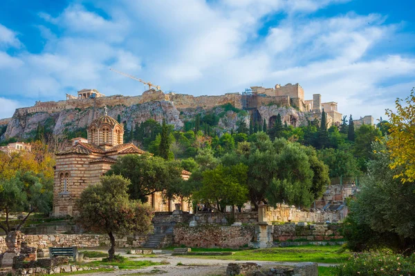 Acropolis Met Parthenon Uitzicht Vanaf Oude Markt Agora Met Ruïnes — Stockfoto