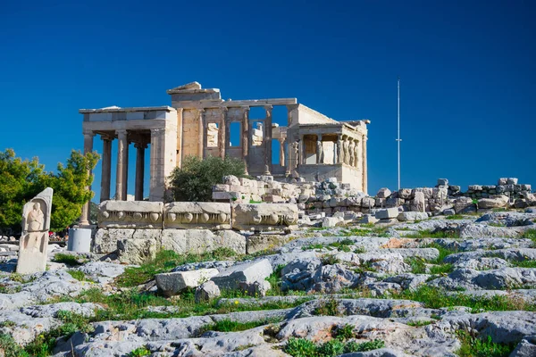 Statue Karyatides Erehtheio Sull Acropoli Atene Grecia — Foto Stock