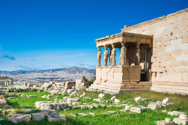 Statue Karyatides Erehtheio Sull Acropoli Atene Grecia — Foto Stock