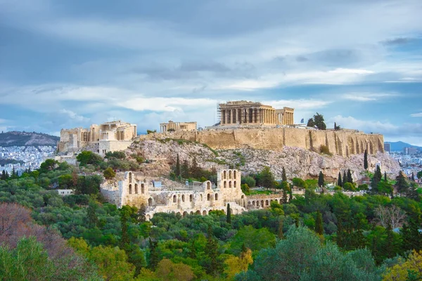 Acropoli Con Partenone Teatro Erodion Vista Dalla Collina Philopappou Atene — Foto Stock