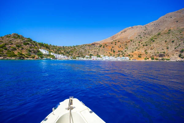 Bateau Approche Village Grec Loutro Canée Crète Grèce — Photo