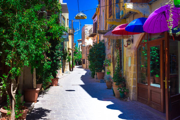 Street in the old town of Chania, Crete, Greece on August 11, 2017.