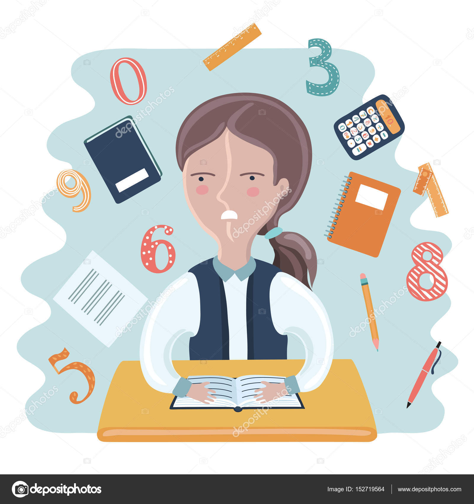 Girl Sitting At Desk Cartoon Cartoon Vector Illustration Of