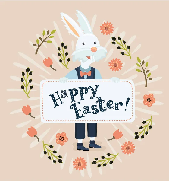 Colorful Happy Easter greeting card with rabbit, bunny Stock Vector
