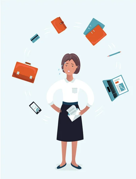 Pop Art Frustrated Stressed Business Woman Screaming at Multi Tasking Office Work. Vector illustration