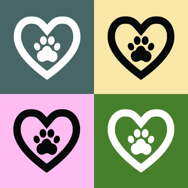 Cão ícone sinal da pata no coração, conjunto de icons1 —  Vetores de Stock