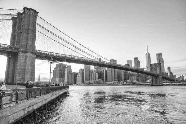New York, the world famous New York skyline with the Brooklyn Bridge