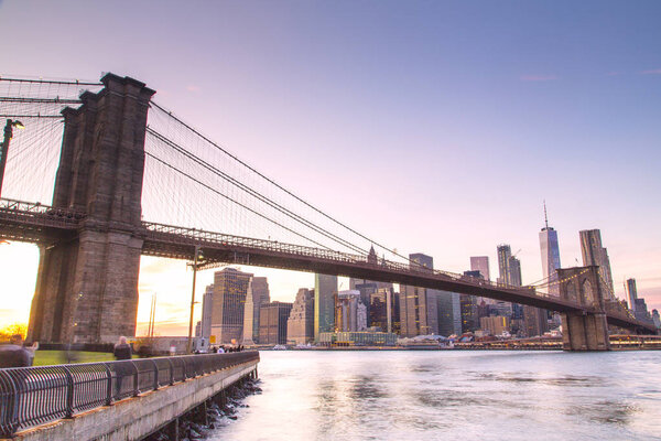 New York, the world famous New York skyline with the Brooklyn Bridge