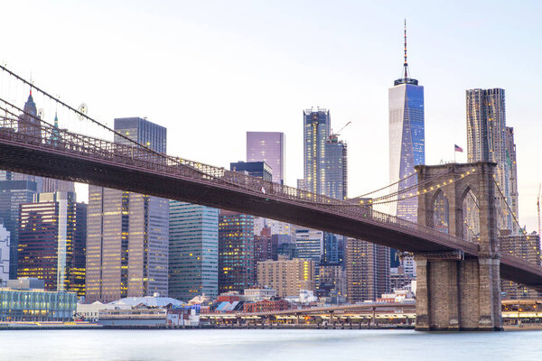 New York, Lower Manhattan skyline with Brooklyn Bridge