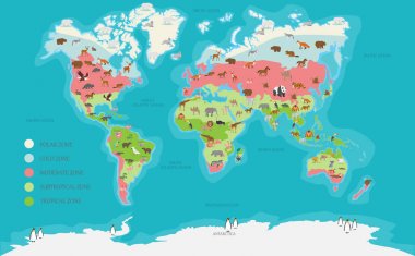 World Map climate zone and animal highly detailed clipart