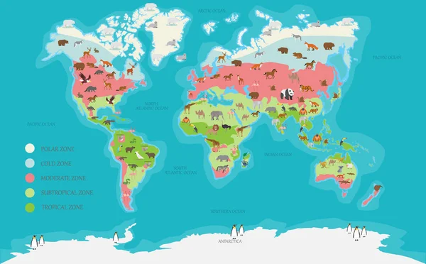 Mappa del Mondo zona climatica e animale altamente dettagliato — Vettoriale Stock