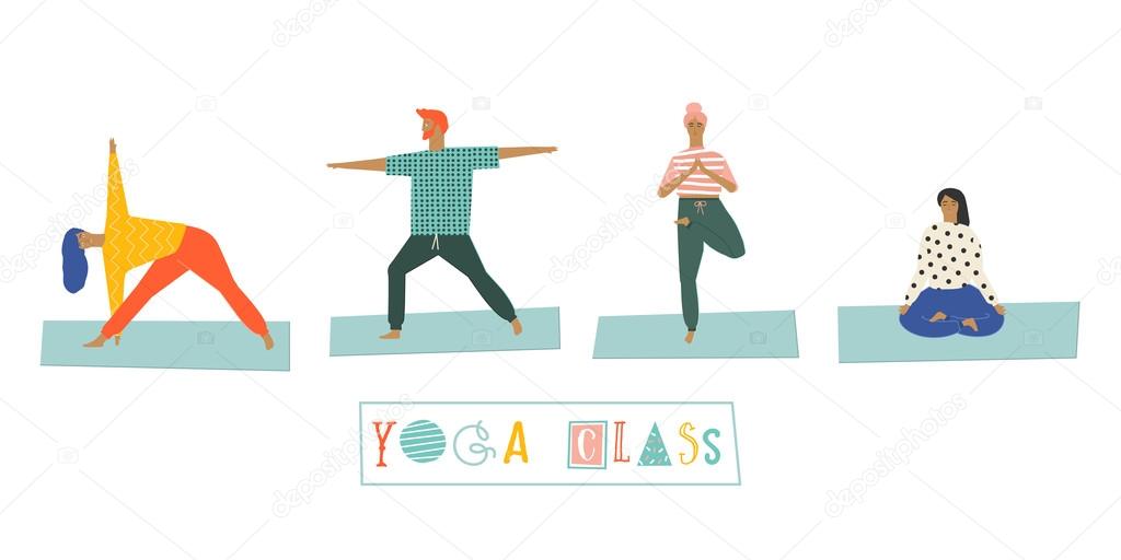 Funny yoga people poster in vector. Stock Vector by ©bigbadmutuh