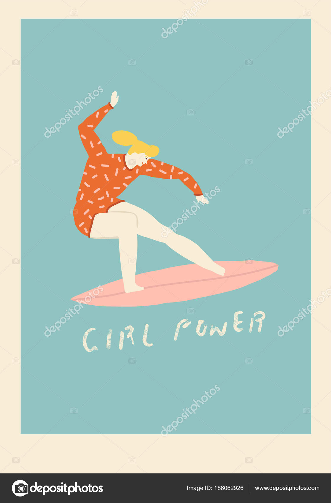 Surf poster with surfer girl ride a surfboard in vector. Stock Vector