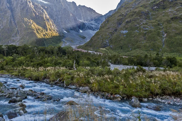 Veduta panoramica di Hollyford Valley a Monkey Creek sulla Milford Road fino a Milford Sound, Nuova Zelanda — Foto Stock
