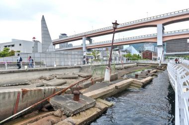 Kobe, Japonya - Nisan 2016: Harabeleri, bağlantı noktası, Kobe deprem Memorial Park, Hyōgo Prefecture, Japonya doğanın yıkıcı güç için bir hatırlatma olarak korunmuş 1995 Kobe büyük Hanshin Deprem den