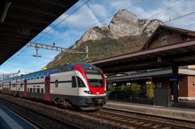 Sargans, İsviçre - Ekim 2019: İsviçre 'deki Sargans Tren Garı' na gelen RegioExpress treni arka plandaki Gonzen zirvesinin bir görüntüsü
