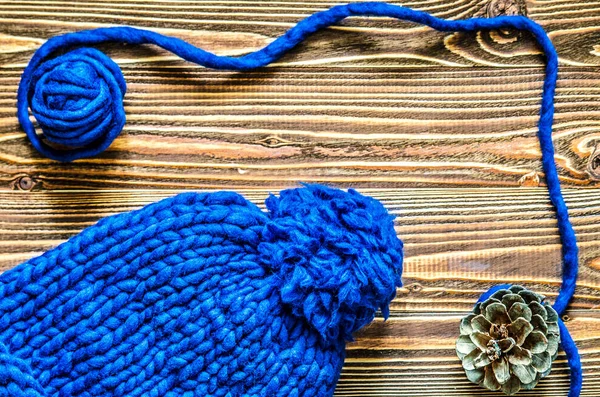 Blue Knitted Cap Merino Wool Tangle Threads Bumpkin — Stock Photo, Image