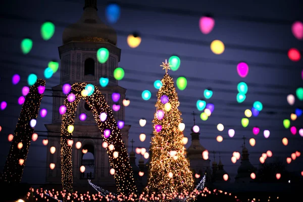 Vue Sur Arbre Noël Cathédrale Sainte Sophie Travers Des Lumières — Photo