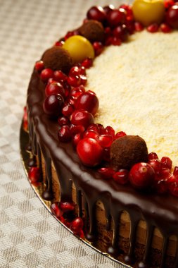 Nar, kızılcık ve küçük elma ile dekore edilmiş Çift Kişilik çikolatalı kek.