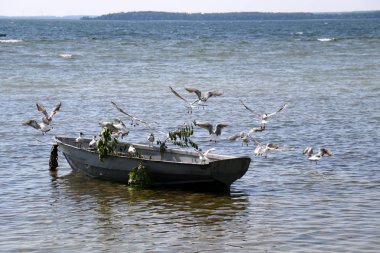 Nakliye için-yükleri ve yolcular göl kenarında küçük bir gemi tekne mi