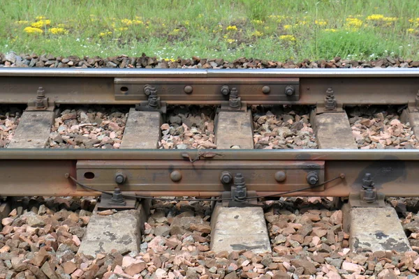 Large Railway Track Complex Linear Engineering Structures Form Road Rail — Stock Photo, Image