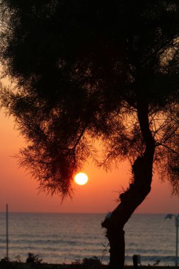 Güneş ufukta Akdeniz'de Kuzey İsrail ayarlar 