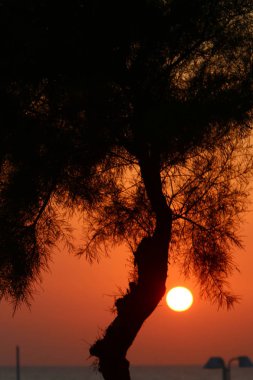 Güneş ufukta Akdeniz'de Kuzey İsrail ayarlar 