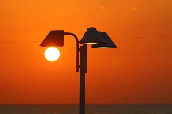 Sol Põe Sobre Horizonte Mar Mediterrâneo Norte Israel — Fotografia de Stock