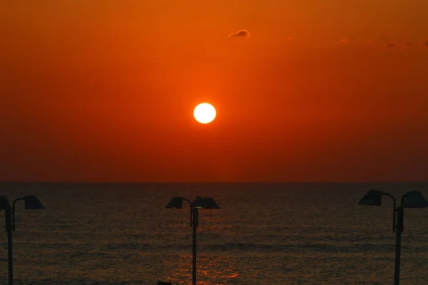 Sol Pone Sobre Horizonte Mar Mediterráneo Norte Israel — Foto de Stock