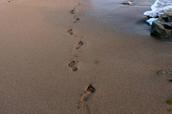 Ίχνη Στην Άμμο Θάλασσα Στις Ακτές Της Μεσογείου Στα Βόρεια — Φωτογραφία Αρχείου