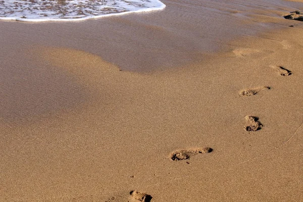 Sporen Zee Zand Aan Mediterrane Kust Het Noorden Van Israël — Stockfoto