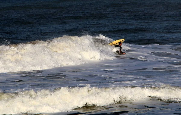 Σανίδες Για Surfing Ιππασία Ένα Κύμα Ειδικό Φως Στη Μεσόγειο — Φωτογραφία Αρχείου