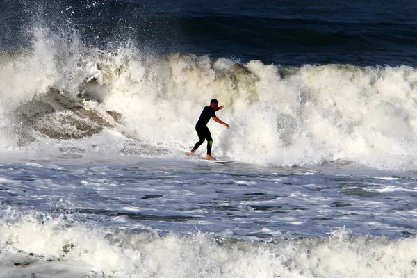 Surfing Riding Wave Special Light Boards Mediterranean Sea North Israel — Stock Photo, Image