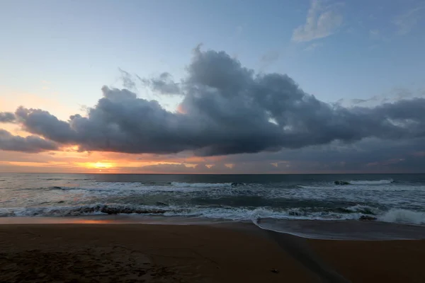 Sol Põe Sobre Horizonte Mar Mediterrâneo Norte Israel — Fotografia de Stock