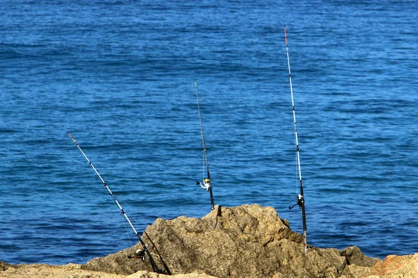 Pescador Senta Costa Captura Peixes — Fotografia de Stock