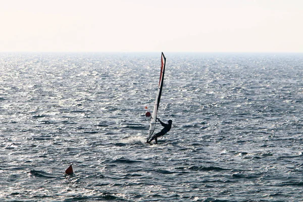 Homme Dans Mer Sur Une Planche Avec Une Voile — Photo