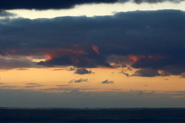 Soleil Couche Sur Horizon Dans Mer Méditerranée Dans Nord Israël — Photo