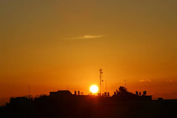 Sol Põe Sobre Horizonte Mar Mediterrâneo Norte Israel Dia Termina — Fotografia de Stock