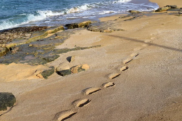 Следы Песке Берегу Средиземного Моря Севере Израиля — стоковое фото