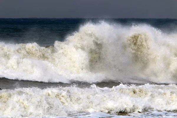 Vento Forte Ondas Altas Mar Mediterrâneo Costa Norte Estado Israel — Fotografia de Stock