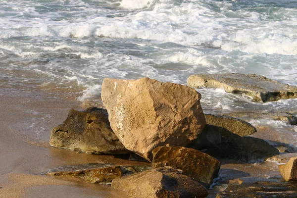 石はイスラエルの州の北の地中海の海岸の公園に横たわっている — ストック写真