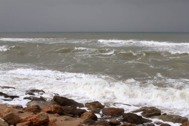 taşlar İsrail devletinin kuzeyinde Akdeniz kıyısında bir parkta yalan 