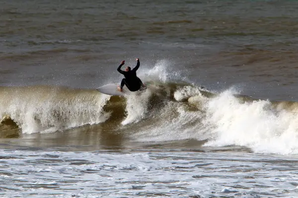 Riding Special Boards Big Waves Mediterranean Sea North Israel — ストック写真