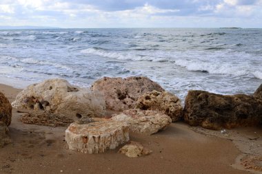 İsrail 'in kuzeyindeki Akdeniz kıyılarındaki bir şehir parkında taş ve mermiler. 
