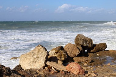 İsrail 'in kuzeyindeki Akdeniz kıyılarındaki bir şehir parkında taş ve mermiler. 