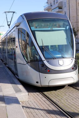 tram tracks and tram in the streets of Jerusalem, the capital of the state of Israel 