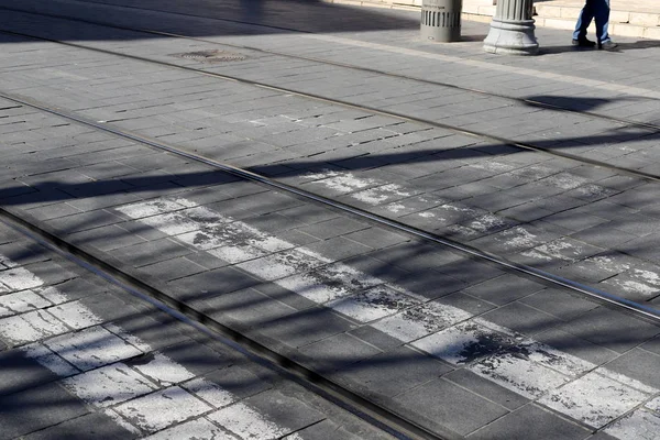 tram tracks and tram in the streets of Jerusalem, the capital of the state of Israel 