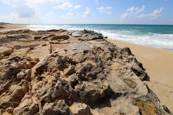 Kuzey İsrail 'deki Akdeniz' in kayalık kıyı şeridi. İsrail 'e yaz geldi. 