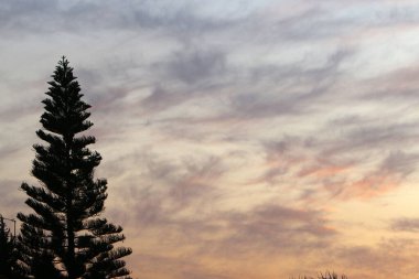 Kuzey İsrail 'de bulutlu bir gökyüzünde gün batımı. Akdeniz kıyısındaki şehrin üzerinde gün batımı. 
