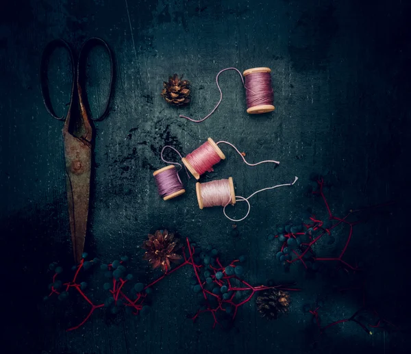 Ремесла. винтажный. старые ножницы, деревянные катушки из ниток и дикого винограда. вид сверху — стоковое фото